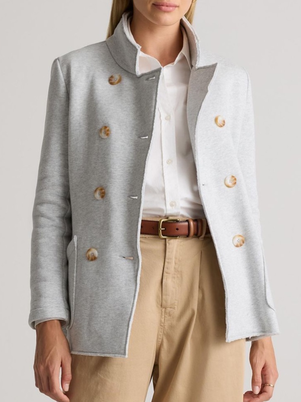 Quince 100% Organic Cotton French Terry Fleece Peacoat in Pale Grey